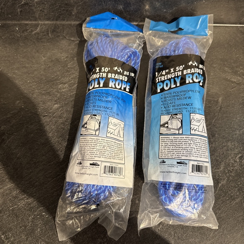 2- Big Top 1/4" x 50' Blue Poly Rope Floats 112 lb Work Load 3 Strand NEW